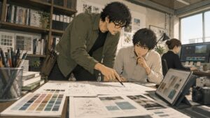 デザイン資料や色見本が並ぶ制作スペースで、40代グラフィックデザイナーが若手スタッフにラフスケッチを使ってデザインの考え方を指導している。印刷物だけでなくWebや動画制作にも取り組みながらスキル向上を続け、後進育成にも力を注ぐ姿を描写。40代デザイナーとして転職を経験した学びを活かし、変化する業界の中で専門性を磨き続けながら次世代へ知識や技術を継承しようとする働き方を表現したシーン。
