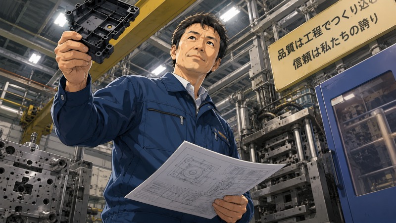 20年以上プラスチック製造業の営業職として働いた49歳男性が、大型成形機や金型が並ぶ工場で図面と製品サンプルを手に立つ様子。製品開発から量産まで携わり、ものづくりに誇りを持って活躍していた転職前のキャリアを表現したシーン。