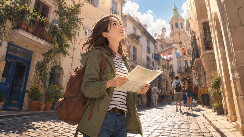 海外留学と世界旅行を経験した30代女性が、ヨーロッパの街並みを歩きながら地図を手に未来を見上げる様子。美容や接客への関心を持ちながら、英語を活かせる仕事を模索していた転職前のキャリア形成期を表現したイラスト。