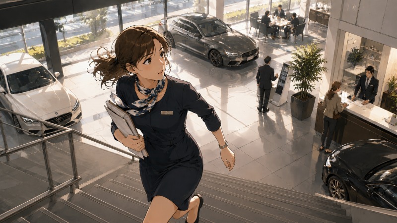 高級カーディーラーで受付兼営業アシスタントとして働く30代女性が、書類を抱えて忙しく階段を駆け上がる場面。長時間労働と休日不足に悩みながらも接客業にやりがいを感じていた、営業事務への転職を考えるきっかけとなった時期を描いたイラスト。