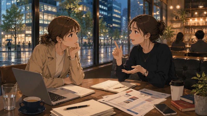 東京のカフェで転職活動中の30代女性が、留学時代の友人から派遣社員という働き方について助言を受けている様子。事務未経験で書類選考に苦戦する中、英語を活かせる営業事務職へのキャリアチェンジを目指して新たな選択肢を見つけた場面を描いたイラスト。
