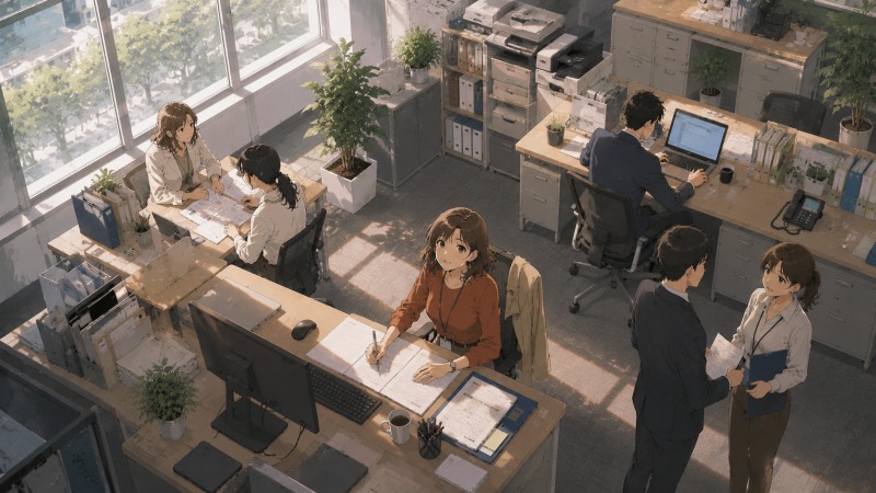 総合商社のオフィスで営業事務として働く30代女性が、英語資料や翻訳業務に取り組みながら同僚に囲まれて仕事をする様子。未経験から派遣社員として転職し、英語力を活かしながらキャリアアップへの経験を積む転職成功後の職場環境を描いたイラスト。