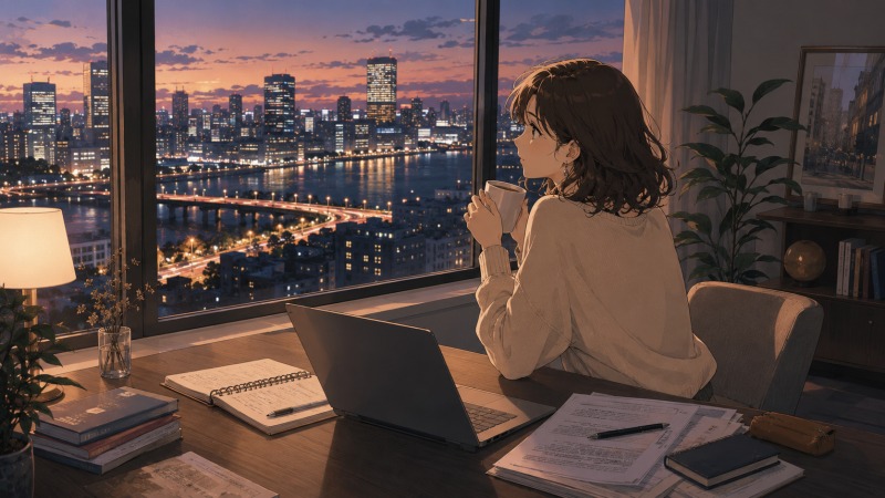 東京湾岸エリアの夜景を眺めながら自宅で翻訳の勉強を続ける30代女性の後ろ姿。正社員へのこだわりを手放し、派遣社員として経験を積みながら将来は翻訳者として活躍する目標を見据える、転職後の成長とキャリアビジョンを表現したイラスト。