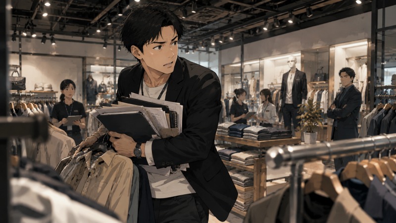 未経験でアパレル業界へ転職した35歳男性店長が、店舗運営やスタッフ管理、専門知識の習得に追われながら強いプレッシャーと向き合っている様子。異業種転職後の苦労や責任の重さを表現した場面。