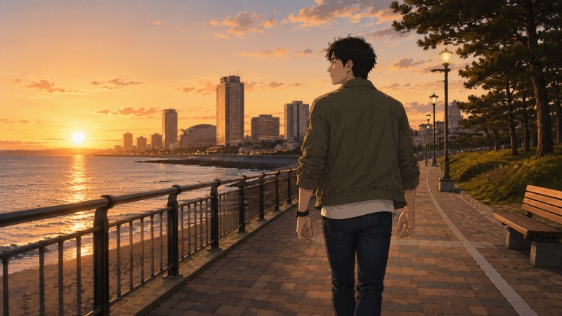 転職後の苦労や後悔を抱えながらも、海辺を歩きながら前を向こうとする35歳男性。未経験業界への挑戦を振り返り、自身のキャリアや将来について考えながら努力を続ける決意を表現している。
