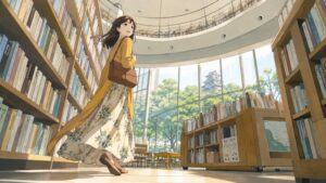 高知県在住の29歳女性が図書館の書架に囲まれた館内を歩きながら、新しい司書の仕事への期待を胸に未来を見つめている様子。子どもへの絵本の読み聞かせにやりがいを感じ、図書館司書として再出発を決意した転職前の心境を表現したイラスト。
