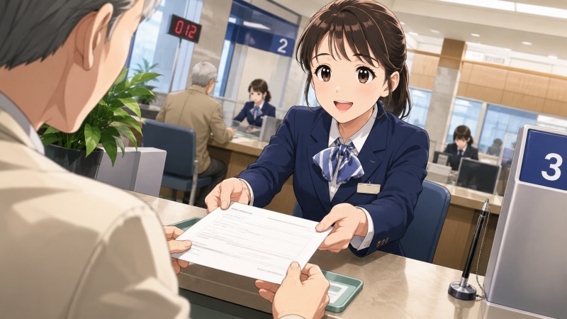 地方銀行で窓口業務を担当する25歳女性銀行員。制服姿で来店客に書類を手渡しながら接客している。営業ノルマやミスの許されない業務に真面目に取り組む一方で、仕事へのやりがいを見いだせず、ルーティンワーク中心の日々を送っていた転職前の様子。