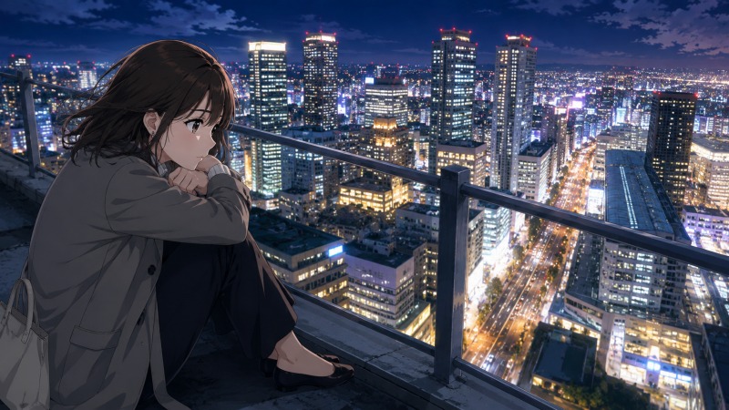 大阪・梅田の夜景を見下ろす高層ビルの屋上で、女性銀行員が膝を抱えて将来について考え込む様子。仕事の単調さや低い給与への不満、社内恋愛の失恋が重なり、このまま銀行員を続けるべきか悩みながら転職を決意する直前の心境を表現したシーン。