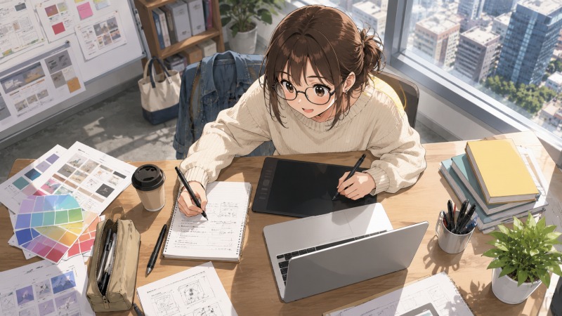 Webデザイン専門学校で学ぶ女性。机いっぱいに広げたデザイン資料やノートパソコン、ペンタブレットを使いながら真剣に学習している。地方銀行員から未経験でWeb業界への転職を目指し、新しいスキル習得に挑戦している転職活動中の場面。
