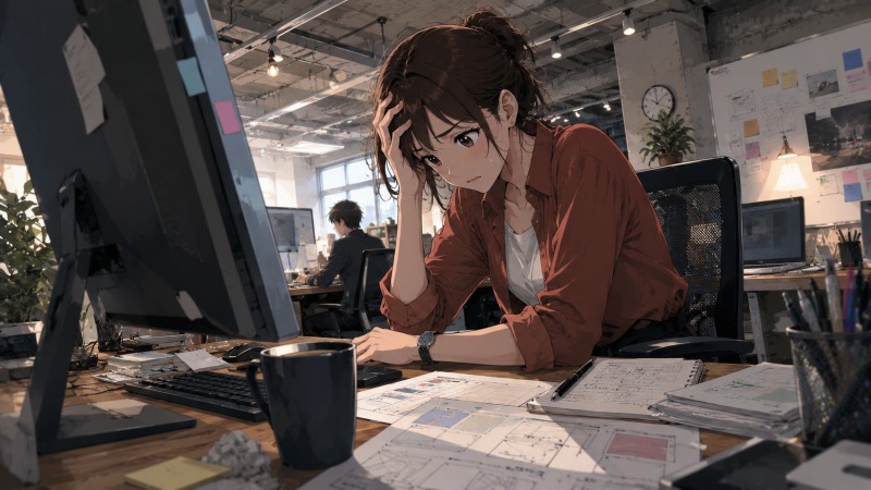 大阪のWeb制作会社で働く女性Webディレクター。クライアントからの厳しい評価や案件トラブルに直面し、デスクで頭を抱えながら悩んでいる。未経験転職後にベンチャー企業の厳しい環境へ適応しようと奮闘し、仕事の難しさと成長の壁に向き合う姿を描いたシーン。