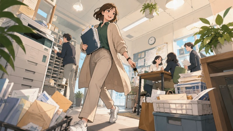 東京都内の小規模ソフトウェア開発会社で働く女性事務職。書類や会社の鍵を持ちながらオフィス内を忙しく移動し、営業事務や勤怠管理、庶務まで幅広く担当する「なんでも屋さん」として充実した日々を送っている様子。