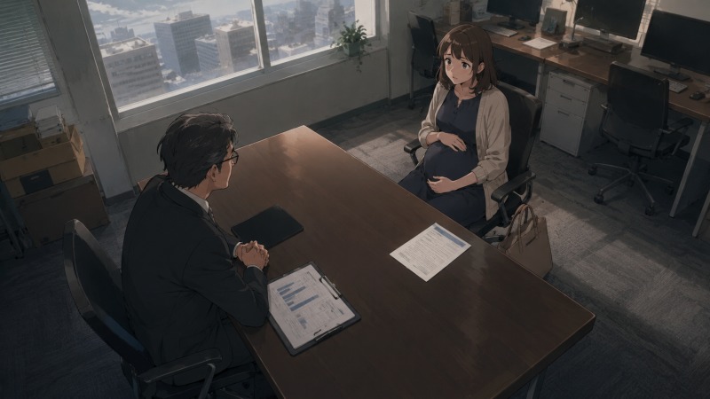 妊娠6か月の女性が東京都内のIT企業の会議室で社長と向き合う場面。会社の業績悪化により休職を打診され、突然の退職勧告に戸惑いながらお腹に手を添える、転職のきっかけとなった重要な瞬間。