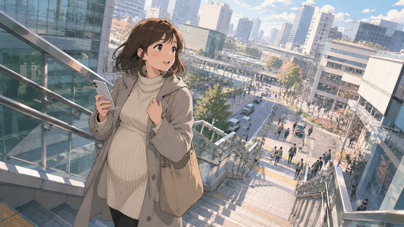 出産を控えた女性が東京都内の駅前歩道橋でスマートフォンを見つめる場面。同僚からWeb制作会社の求人紹介を受け、妊娠中の転職活動に希望の光が差し込んだ未経験職種へのキャリアチェンジの瞬間。