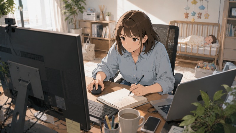東京都内の自宅ワークスペースでWebエンジニアとして働く女性。パソコンで作業しながら子どもを見守り、育児と在宅勤務を両立しながら新しいスキル習得に挑戦する転職後の生活を描いた場面。