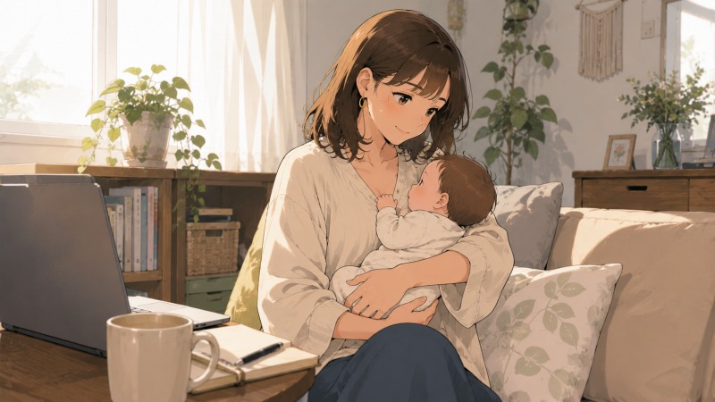 幼い子どもを優しく抱きかかえる女性Webエンジニア。育児と仕事の両立を支えてくれた職場や人との出会いに感謝しながら、事務職からIT業界への転身を振り返り、将来の独立を見据える転職成功ストーリーの締めくくりの場面。