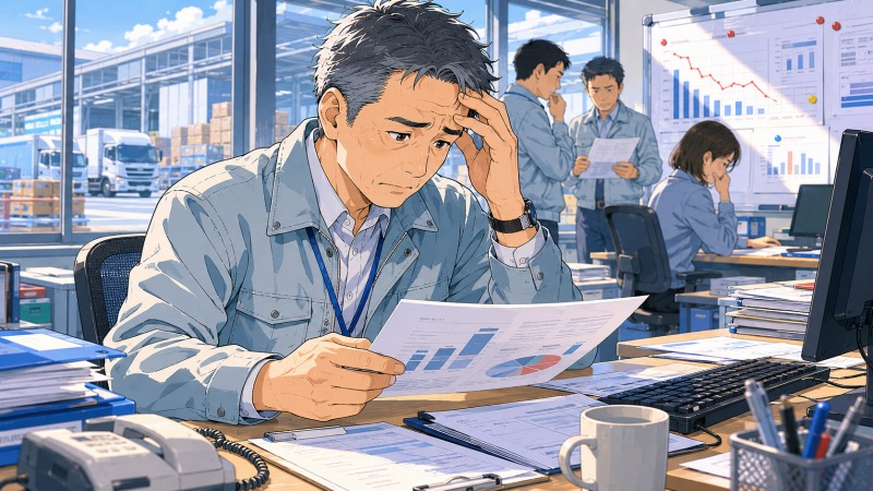 製造業の物流管理オフィスで、55歳の男性社員がリストラの不安を抱えながら書類に向き合う場面。窓の外には倉庫やトラックが見え、背景では業績悪化を示す資料を前に同僚たちが沈んだ表情で話し合っている。
