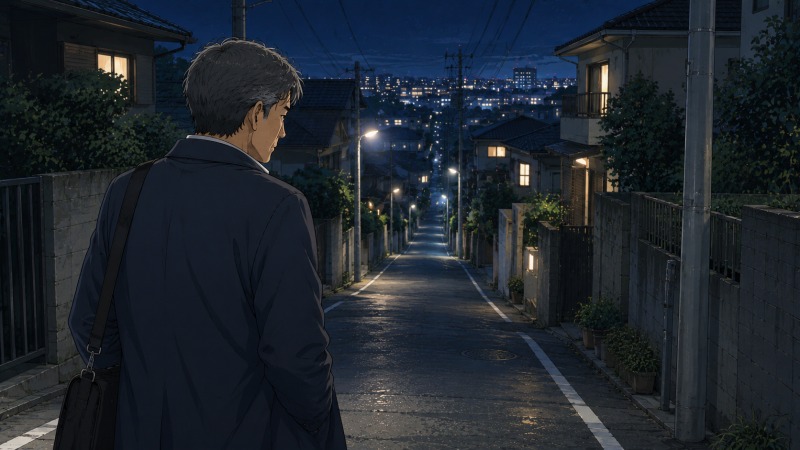 夜の帰り道、街灯に照らされた住宅街を歩く55歳の男性会社員が、家族の将来を守るために転職を決意する場面。リストラが進む製造業の会社に先が見えない不安を抱えながらも、高校生の子どもの未来を諦めさせまいと、覚悟を固めた表情で前を向いている。
