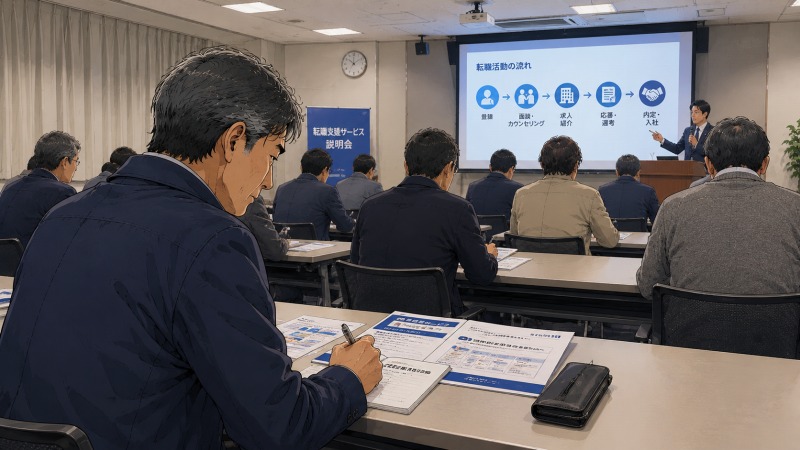 転職説明会の会場で、55歳の男性会社員が手続きや求人企業の説明を真剣に聞きながらメモを取る場面。前方では担当者が資料を示し、参加者たちは50代からの再就職に向けて、転職活動の流れや企業からの引き合いについて説明を受けている。
