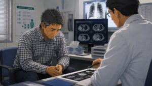転職直後の55歳男性が病院の診察室で医師から癌の告知を受け、シックなチェック柄シャツ姿のまま深くうつむく場面。新天地で再出発しようとした矢先の病気発覚、長期治療への不安、家族を支え続けなければならない重圧が静かな診察室の空気の中に描かれている。