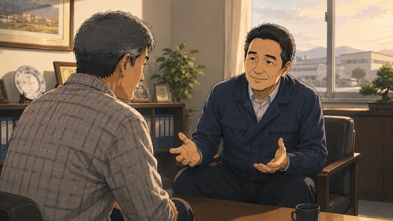 新しい会社の社長室で、癌治療のため入退院を繰り返す不安を抱えた55歳の男性社員に、社長が穏やかな笑顔で復帰を励ます場面。製造業へ転職したばかりの男性は感極まった表情で話を聞き、社長の「少しずつでも一緒に進みましょう」という温かな姿勢に救われている。