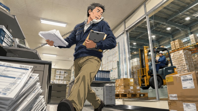 45歳の物流会社勤務の男性企画管理職が、電話対応や書類処理をしながら物流倉庫の現場業務も同時にこなしている様子。フォークリフトが稼働する倉庫を背に、事務・人事・経理・現場対応まで担う“何でも屋”として忙しく働く転職前の姿を描いたイラスト。