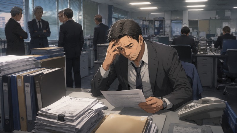 業績悪化した物流会社のオフィスで、45歳の男性企画管理職が将来への不安を抱えながら資料を見つめている様子。親会社からの出向管理職が増えた職場で、理不尽な要求や人員整理への危機感から「この会社に居続けると不幸になる」と転職を決意した瞬間を描いたイラスト。
