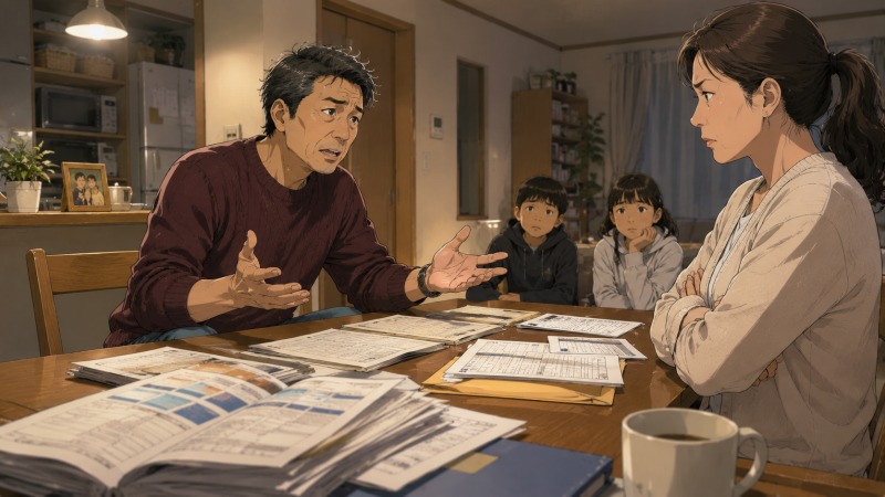 自宅のダイニングで、45歳の男性が転職したい思いを妻に真剣に伝えている様子。求人資料や履歴書が並ぶ中、収入や将来への不安から妻は反対し、子どもたちも不安そうに見守る。40代での転職活動における家族との葛藤を描いたイラスト。