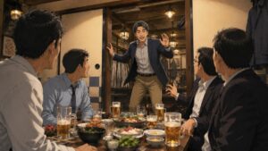 転職先の飲み会会場で、招待されていなかった40代の男性社員が笑顔で個室に飛び込み、驚く同僚たちに自ら声をかけている様子。キャリア採用者への冷たい視線や孤立を乗り越え、人間関係を築くために自ら行動した転職後の転機を描いたイラスト。