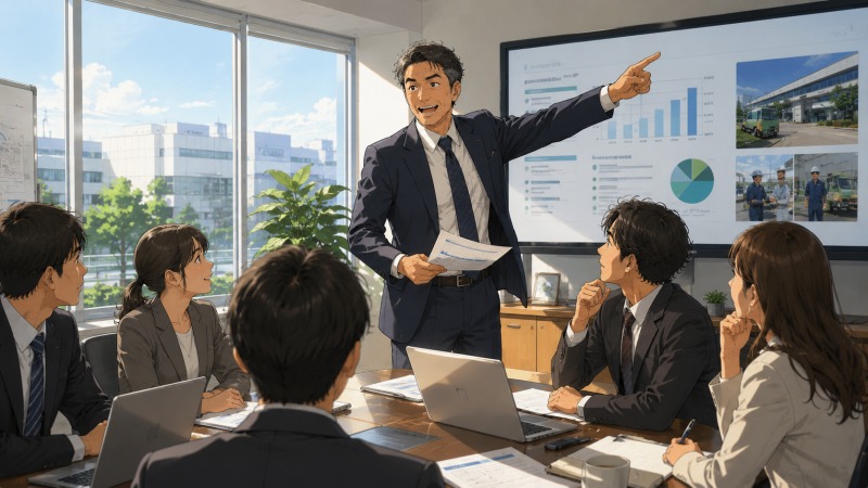 環境サービス会社の事業所長となった48歳の男性が、会議室で部下たちに目標やビジョンを語っている様子。40代での転職後、職場文化への順応と人材育成に取り組み、転職3年で管理職へ昇進したキャリアアップの成功体験を描いたイラスト。