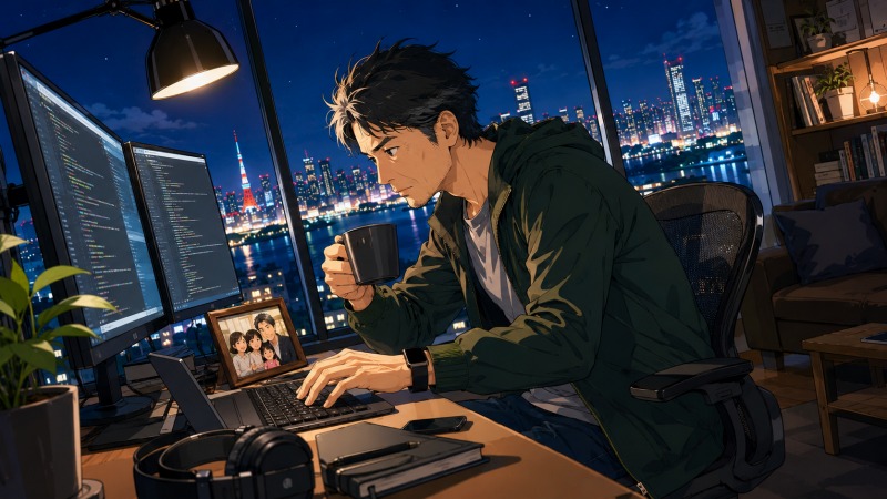 東京の夜景を背に、自宅の作業部屋で40代男性のフリーランスITエンジニアが、家族写真をそばに置きながら深夜まで開発作業に集中しているイラスト。