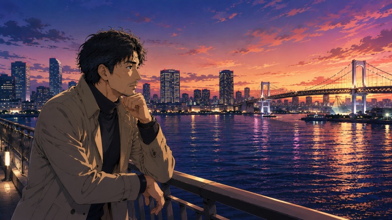 東京湾岸の夕景とレインボーブリッジを眺めながら、40代男性ITエンジニアがフリーランスの自由と正社員の安定の間で迷い、転職を決断しようとしているイラスト。