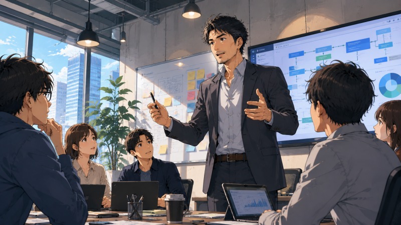 東京のシステム開発会社で、正社員になった40代男性ITエンジニアが若手メンバーに業務改善案を説明し、ディレクションやリーダー業務を担っているイラスト。