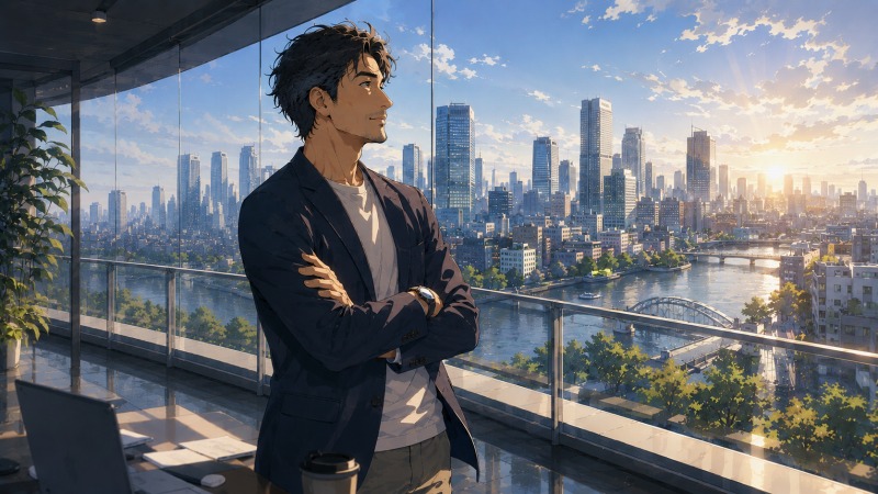 東京の高層オフィスで、40代男性の正社員ITエンジニアが都心の景色を見つめ、フリーランス経験を活かしてチームづくりとマネジメントに進もうとしているイラスト。