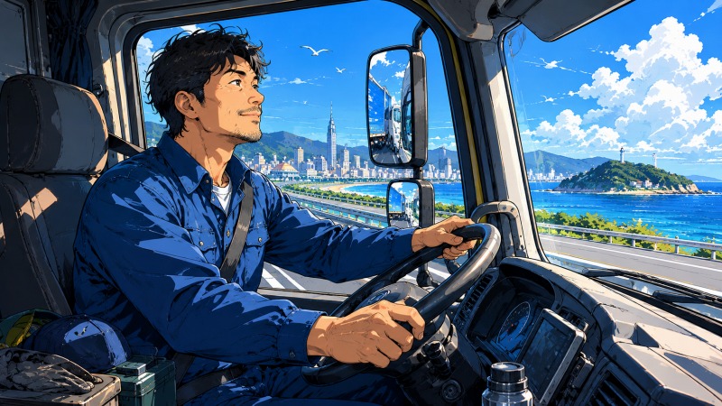 福岡の海沿い道路を走るトラックの運転席で、未経験からトラックドライバーに転職した40代男性が穏やかな表情でハンドルを握る様子。横乗り研修を終え、一人で運転できるようになった達成感と働きやすさを表現したイラスト。