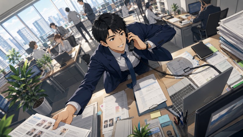人材紹介会社のオフィスで、若手営業の男性が電話をしながら候補者資料に手を伸ばしている。東京の高層ビルを望む活気ある職場で、法人営業として忙しく働きながら成長していく転職前のキャリア形成を表したシーン。