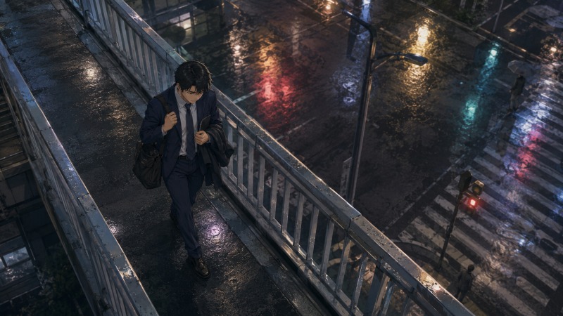 リーマンショック後に退職勧告を受けた男性が、雨に濡れた夜の歩道橋をうつむいて歩いている。濡れた道路の信号や街灯の反射が、不況下でのリストラの悔しさ、孤独、転職への不安を強調しているシーン。
