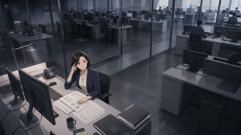 外資系IT企業の静かなオフィスで、43歳の女性経理職が月次決算書を前に一人で作業している。高年収ながら話し相手のいない職場で、孤独を抱えながら働く様子を描いた転職体験談のイラスト。