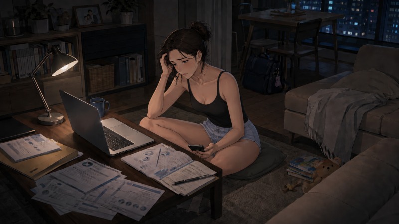 夜の自宅で、43歳の女性経理スペシャリストが履歴書や求人資料を広げて転職活動に向き合っている。年収1000万円を維持した転職の難しさと、5か月続いた不安を描いたイラスト。
