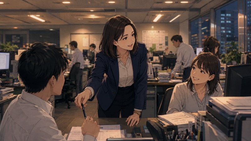 日系企業のオフィスで、43歳の女性経理管理職が同僚の仕事を手伝いながら新しい人間関係を築いている。外資系企業から日系企業へ転職し、職場文化に適応していく様子を描いたイラスト。