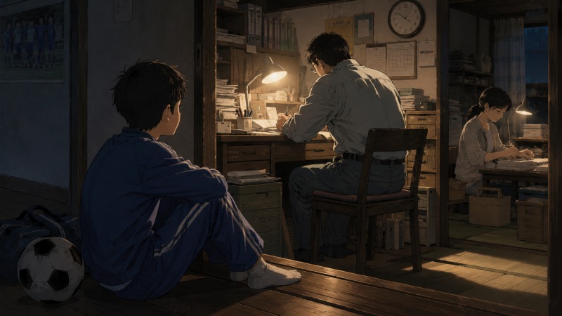 夜遅くまで働く父親の背中を、小学生の男の子が廊下から静かに見つめている場面。机には帳簿や書類が積まれ、母親も内職をしながら家計を支えている。仕事に真摯に向き合う両親の姿から、「働くことは家族を支えること」という価値観を学んでいく少年時代を描いたイラスト。