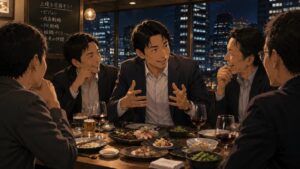 東京の夜景が見える食事会で、PR支援会社への転職を誘われた40代男性が、元上司や仲間たちと今後のビジョンを熱く語り合っている。新しい仕事への期待、人とのつながり、3社目転職の決断につながる出会いを描いたイラスト。