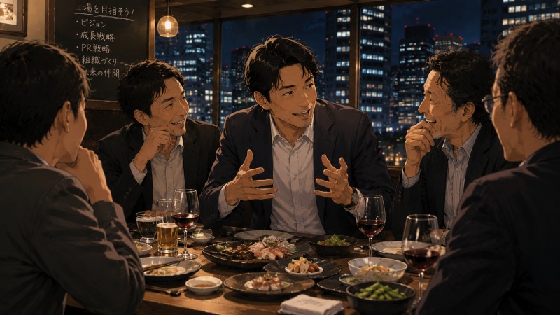 東京の夜景が見える食事会で、PR支援会社への転職を誘われた40代男性が、元上司や仲間たちと今後のビジョンを熱く語り合っている。新しい仕事への期待、人とのつながり、3社目転職の決断につながる出会いを描いたイラスト。