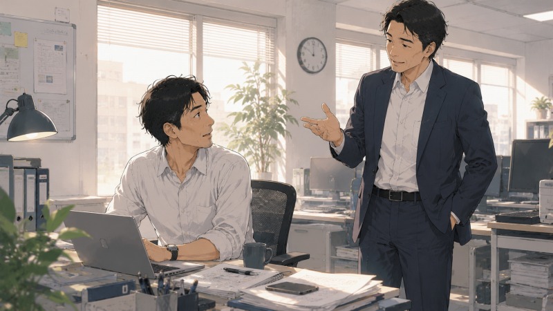休日の朝、PR支援会社の静かなオフィスで仕事をしていた40代男性が、代表から「休日はプライベートを大切に」と声をかけられている場面。仕事中心だった価値観が変化し、ワークライフバランスや私生活の充実の大切さに気づく転職後の様子を描いている。