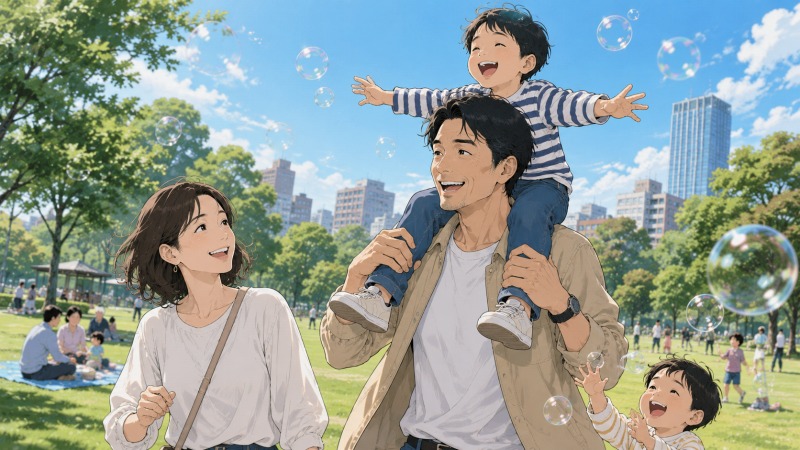 PR支援会社へ転職した40代男性が、休日の公園で妻や子どもたちと笑顔で過ごしている場面。子どもを肩車しながら家族との時間を楽しみ、仕事だけではない人生の豊かさや、人とのつながりの大切さを実感している様子を描いたイラスト。