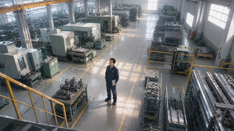 景気悪化で仕事量が減少した金属加工会社の静かな工場で、45歳の生産管理責任者が一人たたずみ、会社の将来や雇用への不安を抱えながら転職を考え始めている。かつての活気を失った職場が将来への危機感を象徴する場面。