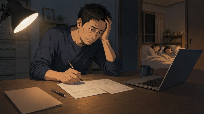 夜の自宅で、45歳男性が大量の応募書類や不採用通知に囲まれながら転職活動を続けている。100社以上に応募しても結果が出ず疲れを抱える一方、眠る妻と中学生の息子の存在を支えに、再就職を諦めず挑戦を続ける様子。