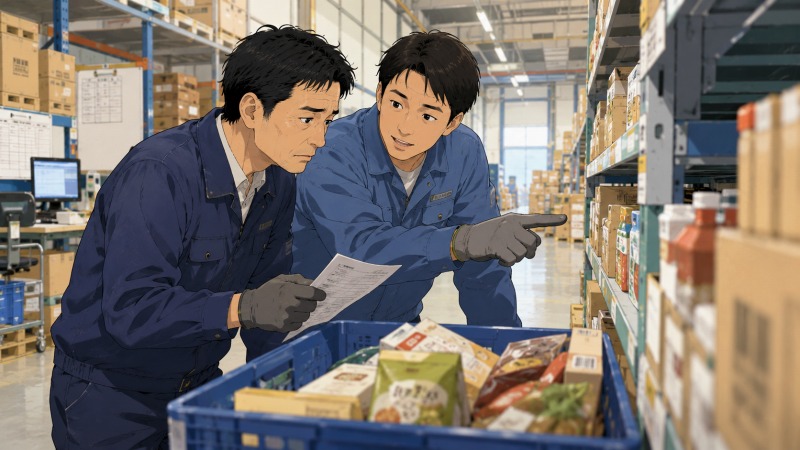 食品メーカーの物流センターで、未経験から転職した45歳男性が商品管理とピッキング業務を学んでいる。倉庫内の商品棚や食品在庫に囲まれながら、同僚の丁寧なサポートを受けて新しい職場に少しずつ慣れていく転職後の場面。