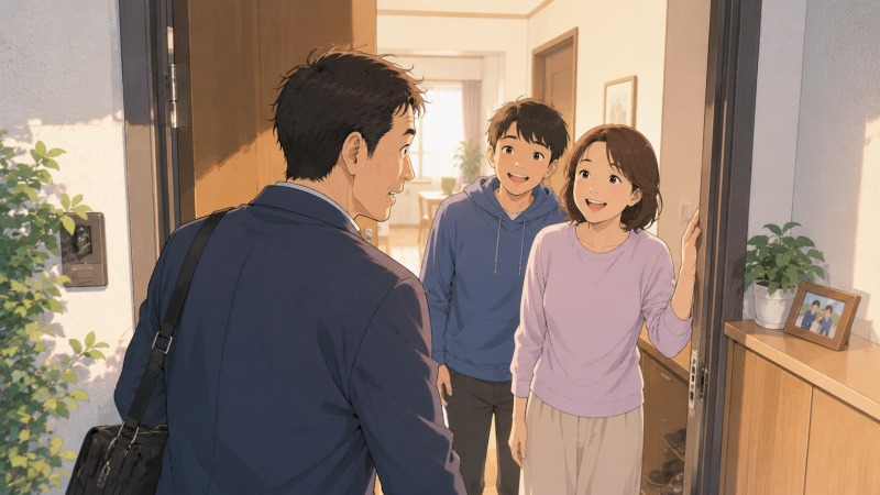 転職活動から帰宅した45歳男性を、妻と中学生の息子が自宅の玄関で温かく迎えている。仕事や収入への不安を抱える中で、家族や周囲の支えの大切さに気づき、人は一人では生きられないと実感した転職体験を象徴する場面。