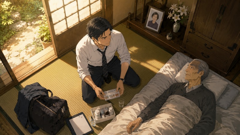 静岡県内の実家の和室で、高齢の父の薬を整理しながら介護を支える43歳男性。母を亡くした後、銀行員としてのキャリア継続と家族介護の両立に悩み、転職を決意するきっかけとなった場面。
