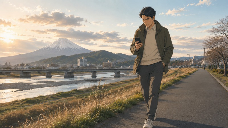 静岡市の安倍川河川敷を歩きながらスマートフォンで情報収集をする43歳男性。銀行員退職後、家族を支える責任と年収減への不安を抱えながら、未経験分野への転職と資産運用の勉強に取り組んでいる場面。